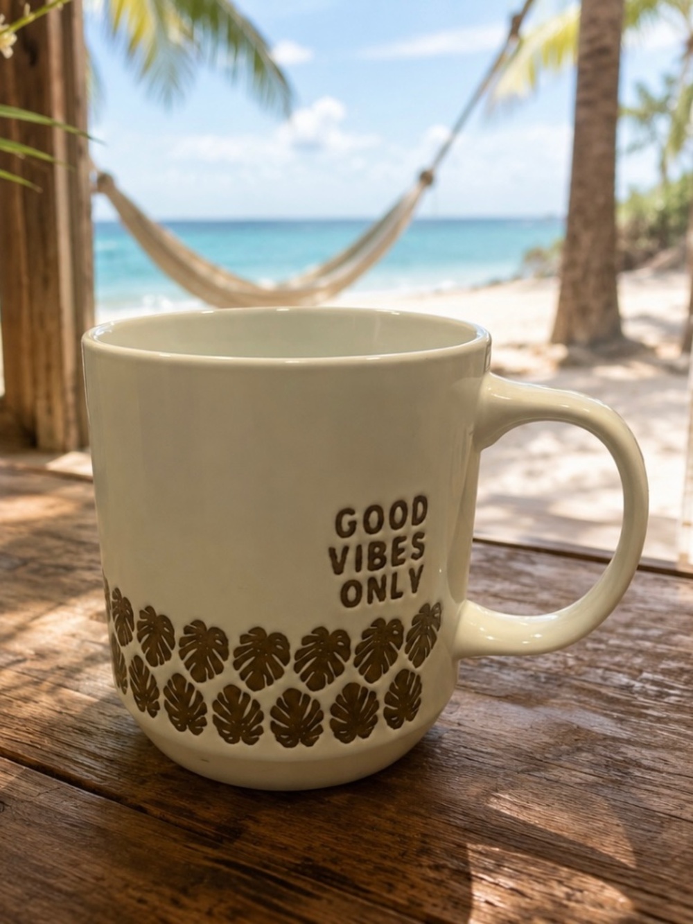 Opalhouse “Good Vibes Only” Tropical Coffee Mug | Monstera Leaf Ceramic Mug